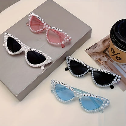 1 piece of 'Birthday Queen' Cat Eye Shaped Glasses featuring a fashionable solid color plastic frame adorned with artificial pearls. These glasses come with interchangeable lenses, making them perfect for climbing sports and birthday parties. With their