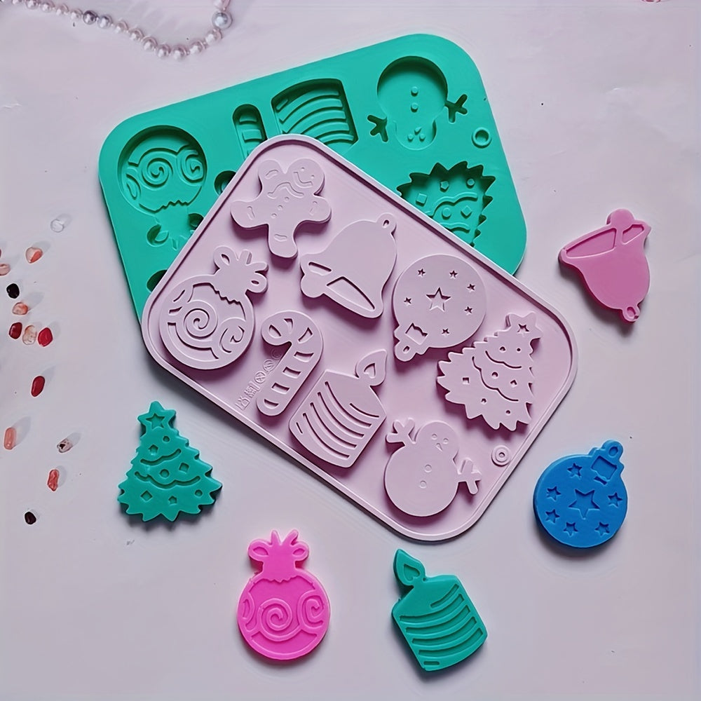 1 piece of Christmas Silicone Cookie Mold with 8 cavities, featuring shapes of Christmas tree, elk, bell, and snowman. This versatile mold can be used to make cakes, chocolates, biscuits, candies, jellies, and puddings. Perfect for creating festive