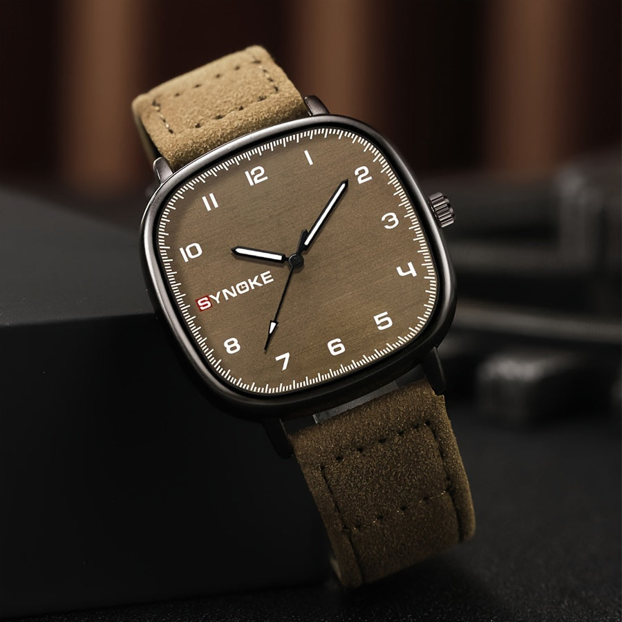 [Bestseller] Retro Army Green Men's Quartz Watch, Minimalistic Sports Design, Square Alloy Case, Synthetic Leather Strap, Not Waterproof, Quartz Movement, Basic Sports Style, Square Alloy Case, Synthetic Leather Strap