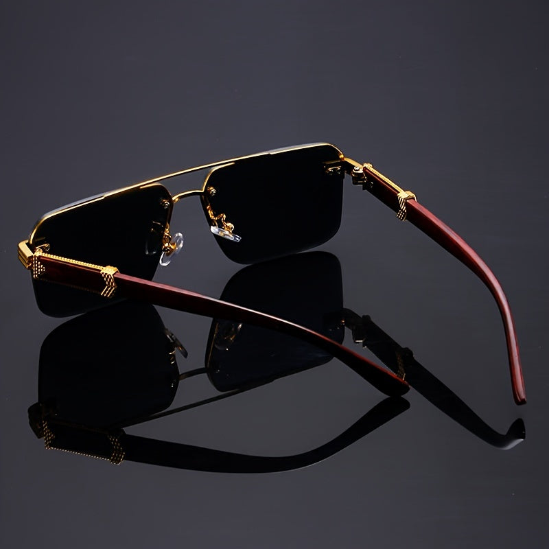 [Customer Favorite] Elegant Frameless Double Bridge Fashion Glasses with Golden Details, Wood Grain Temple, Perfect for Traveling and Driving, Featuring Mirrored PC Lens, Ideal for Sports and Climbing, Durable Plastic Hinge, Sleek Black Design