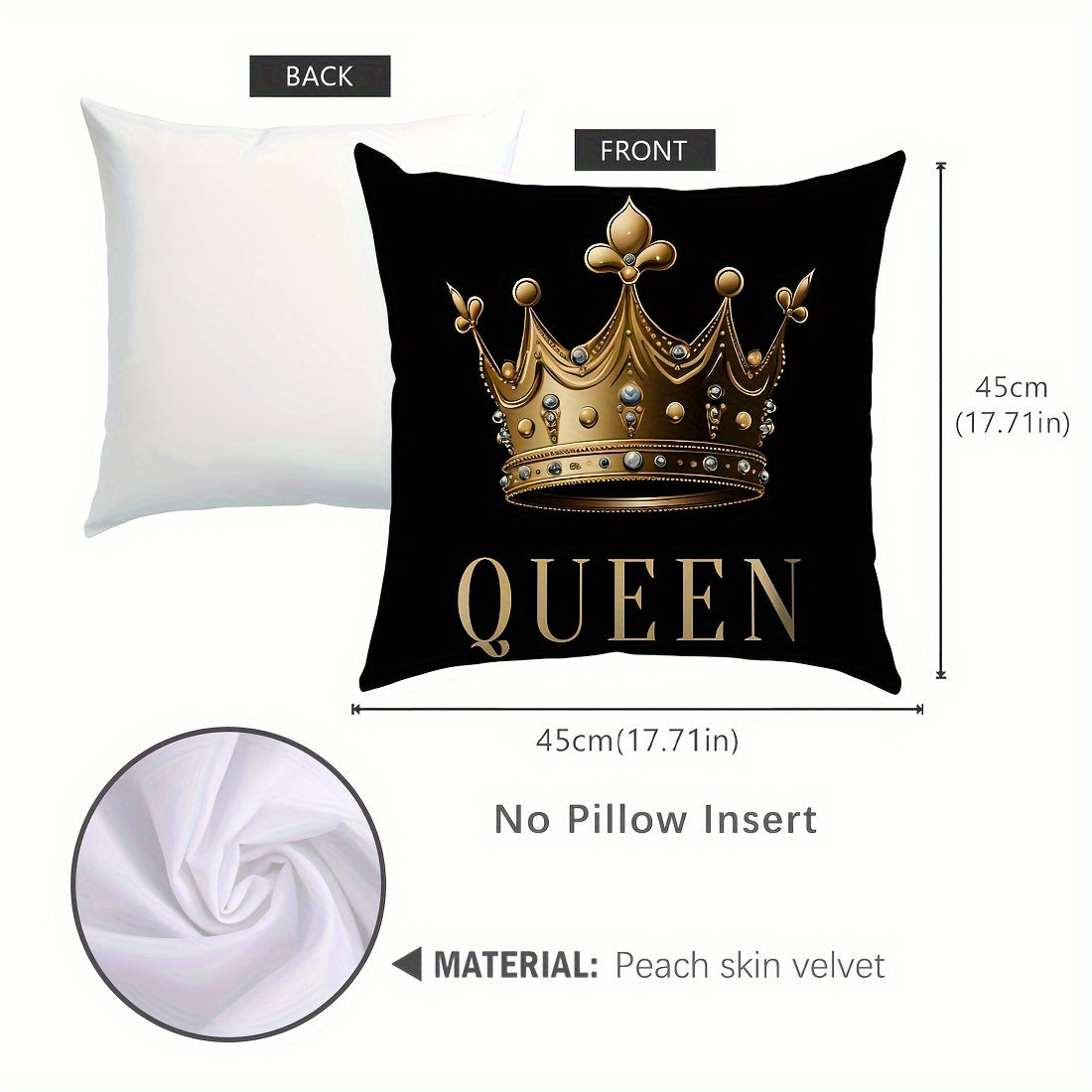 [Best-Selling] Set of 1 or 2 45x45cm Peach Skin Pillowcases with Black Background, Golden Crown King and Queen Design. Perfect for Car Seat Cushions, Living Room Sofas, Bedroom Pillows, Bedside Backrests, or Home Decor. Single-Sided Printing, Pillow Core