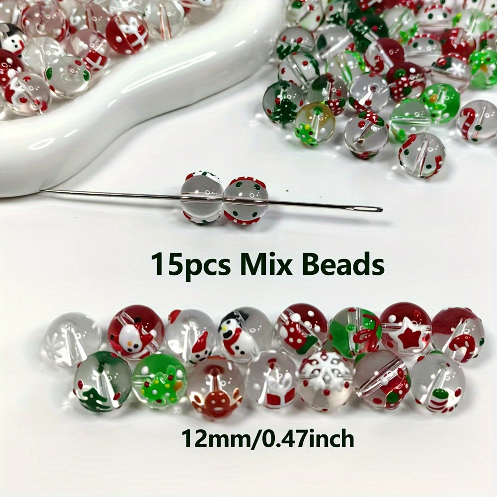 [Bestseller] Set of 15 Festive Hand-Painted Glass Beads - Featuring Christmas-themed Designs Including Santa Hats, Candy Canes, Gingerbread Men & Snowflakes in Vibrant Red, Green, and White. Perfect for DIY Jewelry Making and Christmas Crafts.