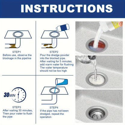 1 pack of Pipe Dredging Powder for dissolving toilets, toilet floor drains, kitchen sewers, oil blockages, and deodorizing. Specifically formulated for use in dissolving toilets, toilet floor drains, kitchen sewers, and oil blockages, and is ideal for RV