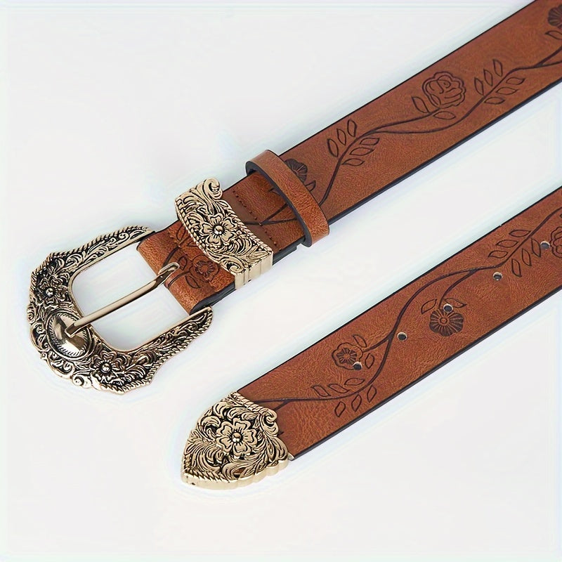 #N085 Wide 3.8cm Retro Carved Flower Print Women's Belt in Dark Brown and Light Brown - Perfect for Autumn and Winter. This versatile y2k belt can be dressed up with jeans, suits, and long skirts. A must-have accessory for girls, great for holiday gifts