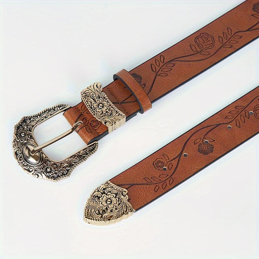 #N085 Wide 3.8cm Retro Carved Flower Print Women's Belt in Dark Brown and Light Brown - Perfect for Autumn and Winter. This versatile y2k belt can be dressed up with jeans, suits, and long skirts. A must-have accessory for girls, great for holiday gifts