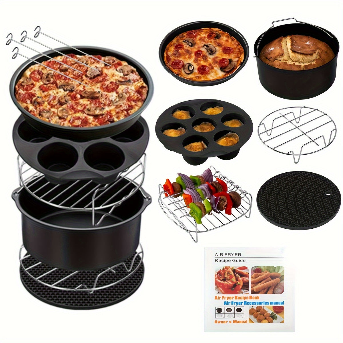 [Best-Selling] Complete Set of 11 Cast Iron Air Fryer Accessories, 8-Inch Nonstick Coating, BPA-Free, Dishwasher Safe, Fits 3.7-6.8 Quart Deep Fryers, Comes with Recipe Booklet - No Power Required, Easy to Clean Non-Stick Surface