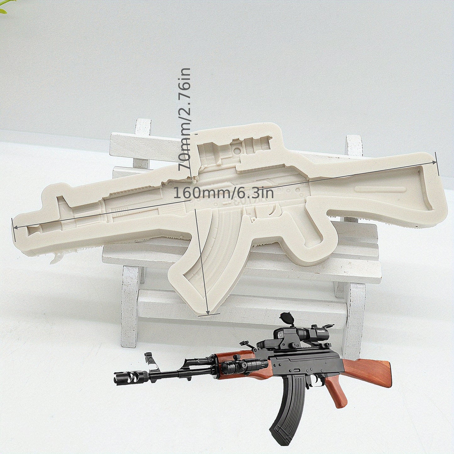 1 piece Gun Bullet Chocolate Mold, 3D Silicone Mold in the shape of a Pistol AK Rifle, ideal for making candy, fondant, and other treats. A must-have for baking enthusiasts, this tool is perfect for creating unique and fun kitchen creations.