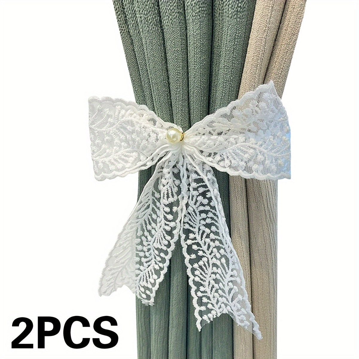 1 Pair of Bow Lace Pearl Curtain Tiebacks - A chic and versatile way to add a touch of elegance to your curtains. These French lace pearl ribbon tiebacks are perfect for use in the bedroom, living room, study, coffee shop, or any other room in your home