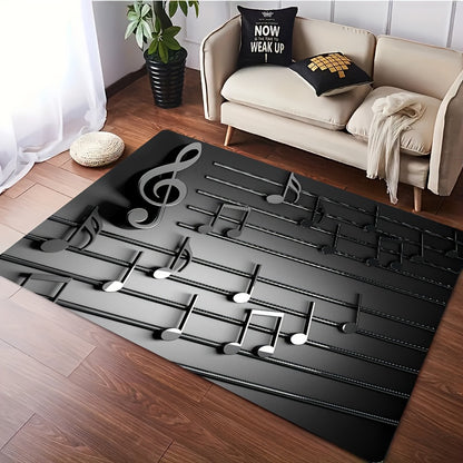 1 piece 3D musical note design rug that is non-slip, lightweight, and machine washable. Made of polyester, this carpet is perfect for music studios, living rooms, bedrooms, and entrances. It has a low pile and is machine-made, making it a stylish and