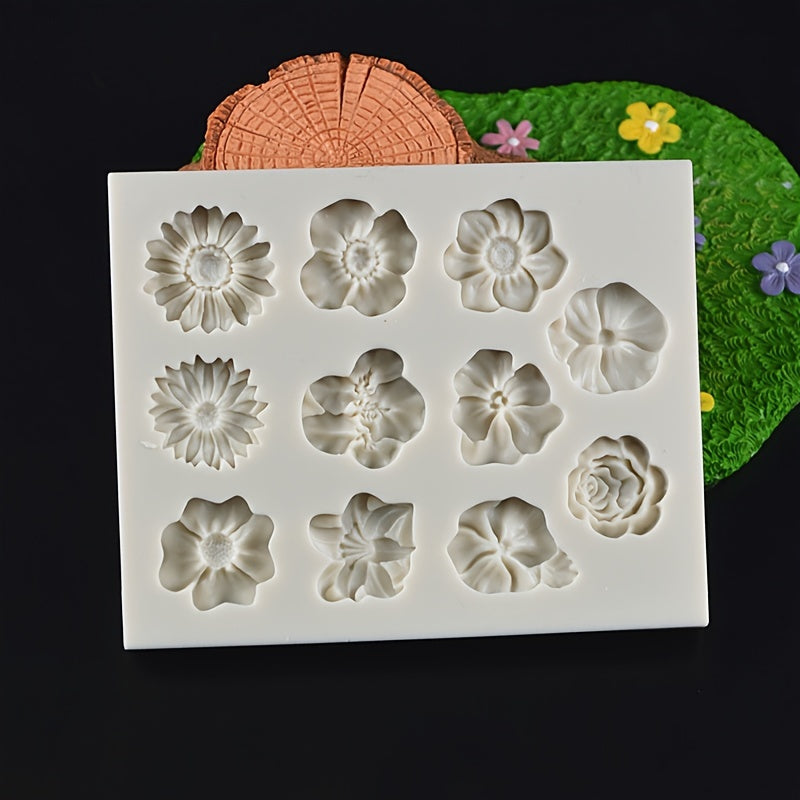 1 piece of a flower-shaped silicone mold with 11 cavities, perfect for making 3D fondant, pudding, chocolate, candy, desserts, gummy, cupcakes, handmade soap, ice cubes, ice cream, and more. Ideal for cake decorating, baking, and other kitchen items.