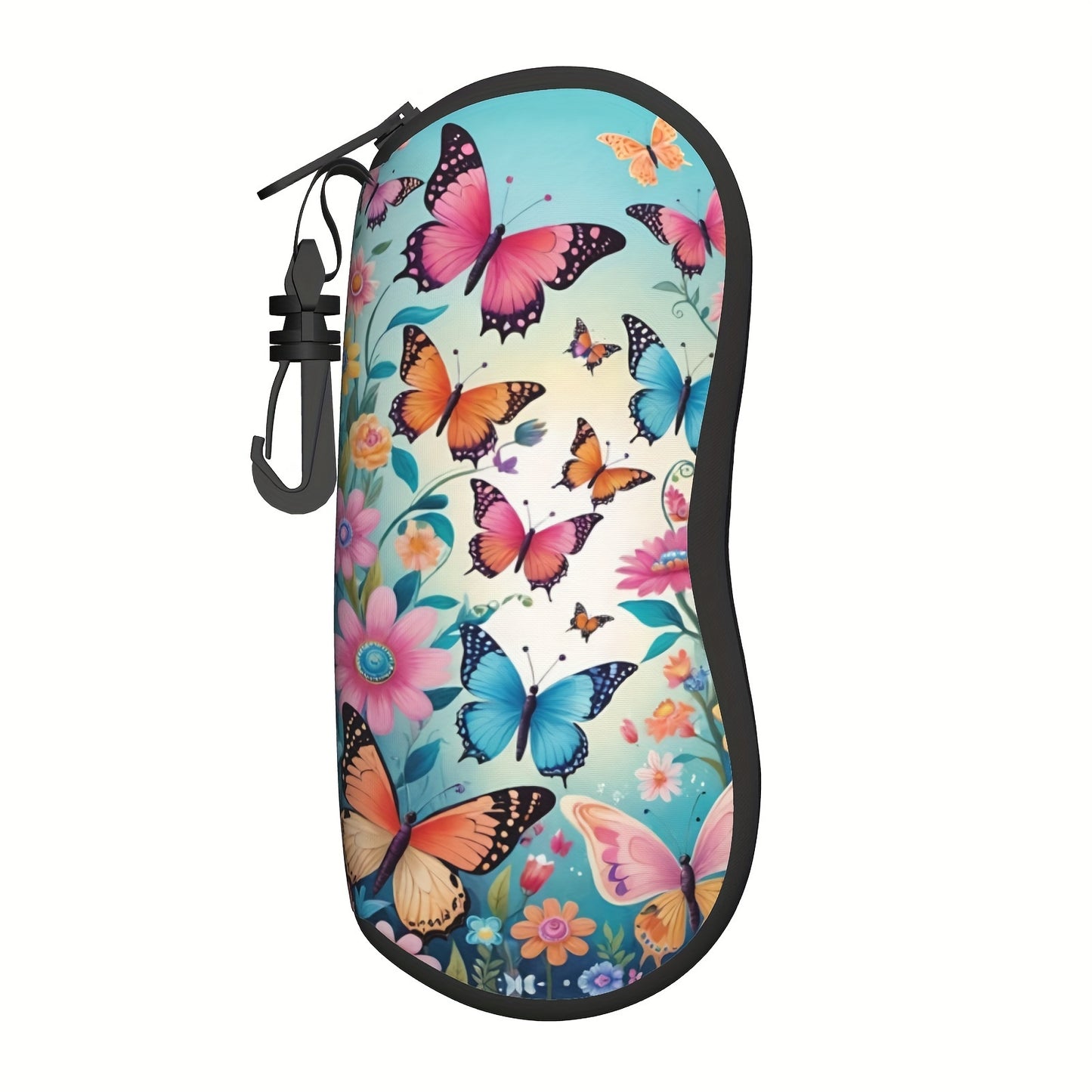 Portable and stylish, this soft neoprene eyeglasses case features a colorful butterfly pattern and comes with a key chain. Perfect for men and women, this anti-pressure case will keep your glasses safe and secure.