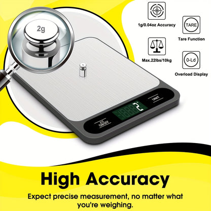 1 piece of black Food Scale with a capacity of 22lb/10kg, perfect for measuring grams and ounces for baking, cooking, and weight loss. Features precise graduation of 1g/0.04oz, easy-to-clean stainless steel material. A must-have kitchen gadget for all