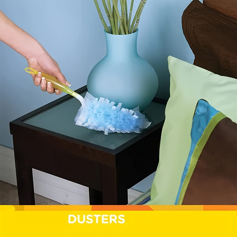 Yellow handle duster with disposable electrostatic dust collectors, perfect for various areas in your home. Doesn't require batteries and can efficiently remove dust from electronics, furniture, curtains, and ceiling fans. A must-have cleaning tool for