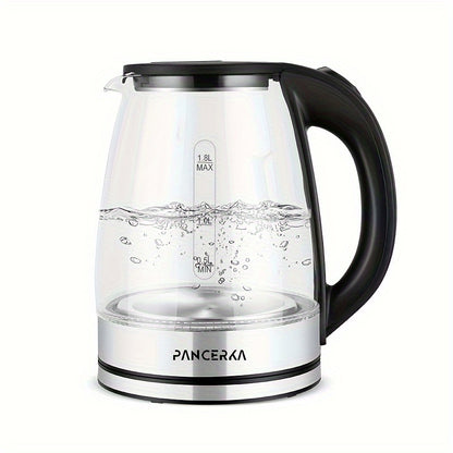 -1 piece of -PANCERKA- Electric Kettle designed for making coffee and tea. It has a 1.8L capacity and operates at 1500W. Made from durable Borosilicate Glass with an easy-to-clean wide opening. Features include an auto shut-off function, cool touch