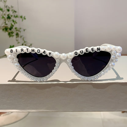 1 piece of 'Birthday Queen' Cat Eye Shaped Glasses featuring a fashionable solid color plastic frame adorned with artificial pearls. These glasses come with interchangeable lenses, making them perfect for climbing sports and birthday parties. With their