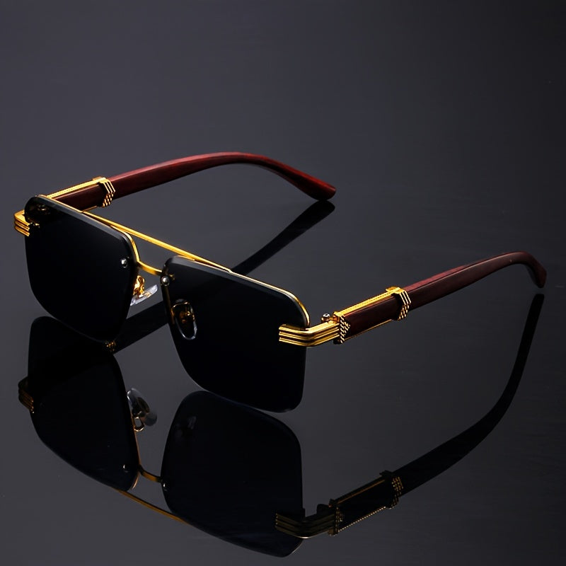 [Customer Favorite] Elegant Frameless Double Bridge Fashion Glasses with Golden Details, Wood Grain Temple, Perfect for Traveling and Driving, Featuring Mirrored PC Lens, Ideal for Sports and Climbing, Durable Plastic Hinge, Sleek Black Design