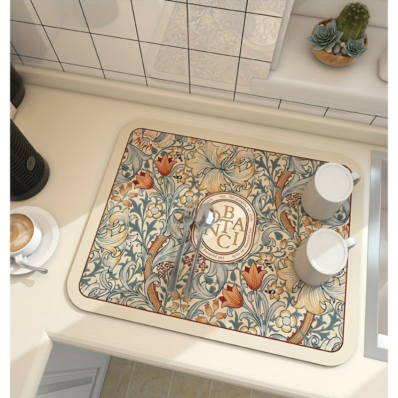 1 piece of a rubber dish drying mat, designed for use on kitchen countertops to drain dishes, bowls, and cups. Can also be used as a table heat insulation pad. This soft mat efficiently absorbs water, is anti-mold, quick-drying, and can be easily washed