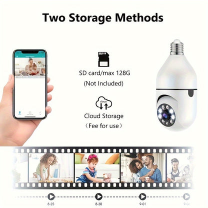 YIIYRY E27 Motion Detection Bulb Camera offers a 360° Panoramic View, Two-Way Audio, 480p HD Resolution, Wi-Fi Connectivity, Hardwired Connection, Tablet Compatibility, and is ideal for Home Security, suitable for individuals aged 14 and above.