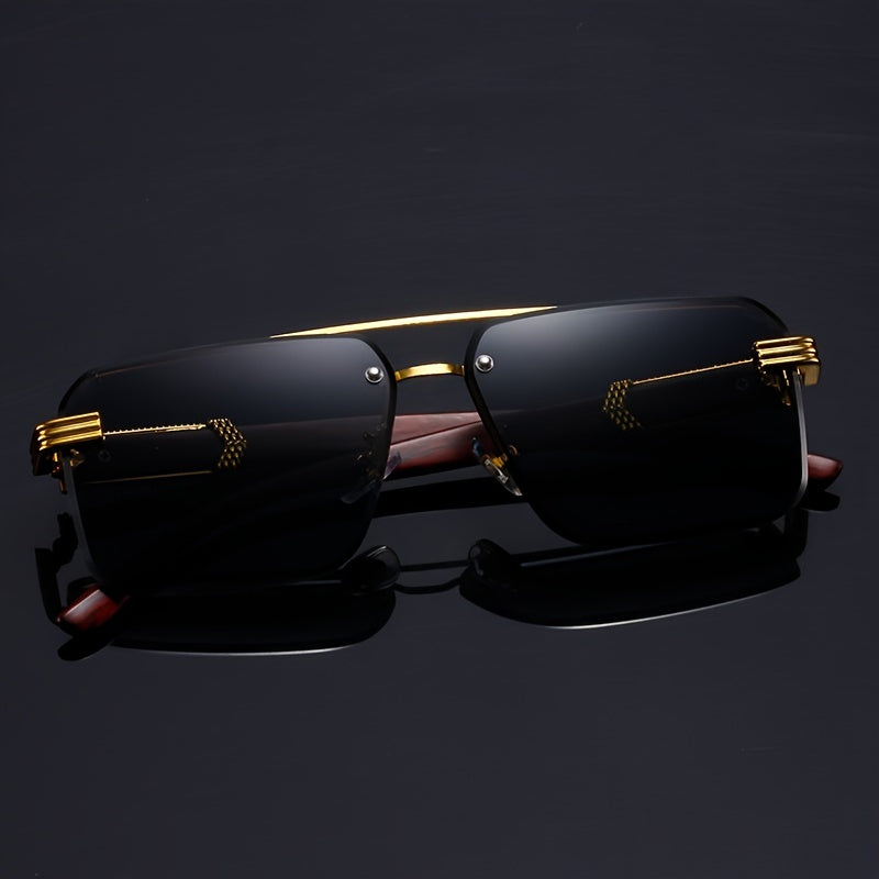 [Customer Favorite] Elegant Frameless Double Bridge Fashion Glasses with Golden Details, Wood Grain Temple, Perfect for Traveling and Driving, Featuring Mirrored PC Lens, Ideal for Sports and Climbing, Durable Plastic Hinge, Sleek Black Design