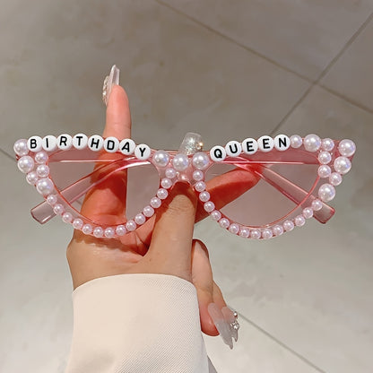 1 piece of 'Birthday Queen' Cat Eye Shaped Glasses featuring a fashionable solid color plastic frame adorned with artificial pearls. These glasses come with interchangeable lenses, making them perfect for climbing sports and birthday parties. With their