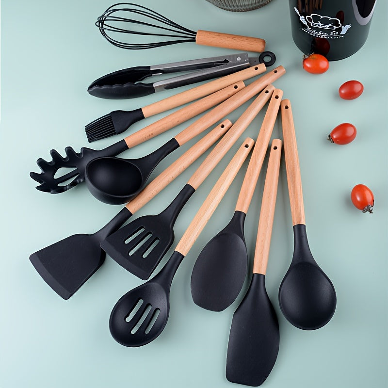 [Highly Rated] This 12-piece kitchen utensil set features silicone and wooden handle cookware that is perfect for all your cooking needs. These heat-resistant utensils are gentle on pots and pans and come with a convenient storage bucket for added