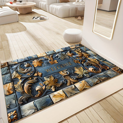 1 piece of 3D stone design welcome home doormat made of 100% polyester. It is machine washable, stain resistant, and has a non-slip rubber backing. This lightweight braided rectangular rug can be used indoors or outdoors, in the hallway, kitchen