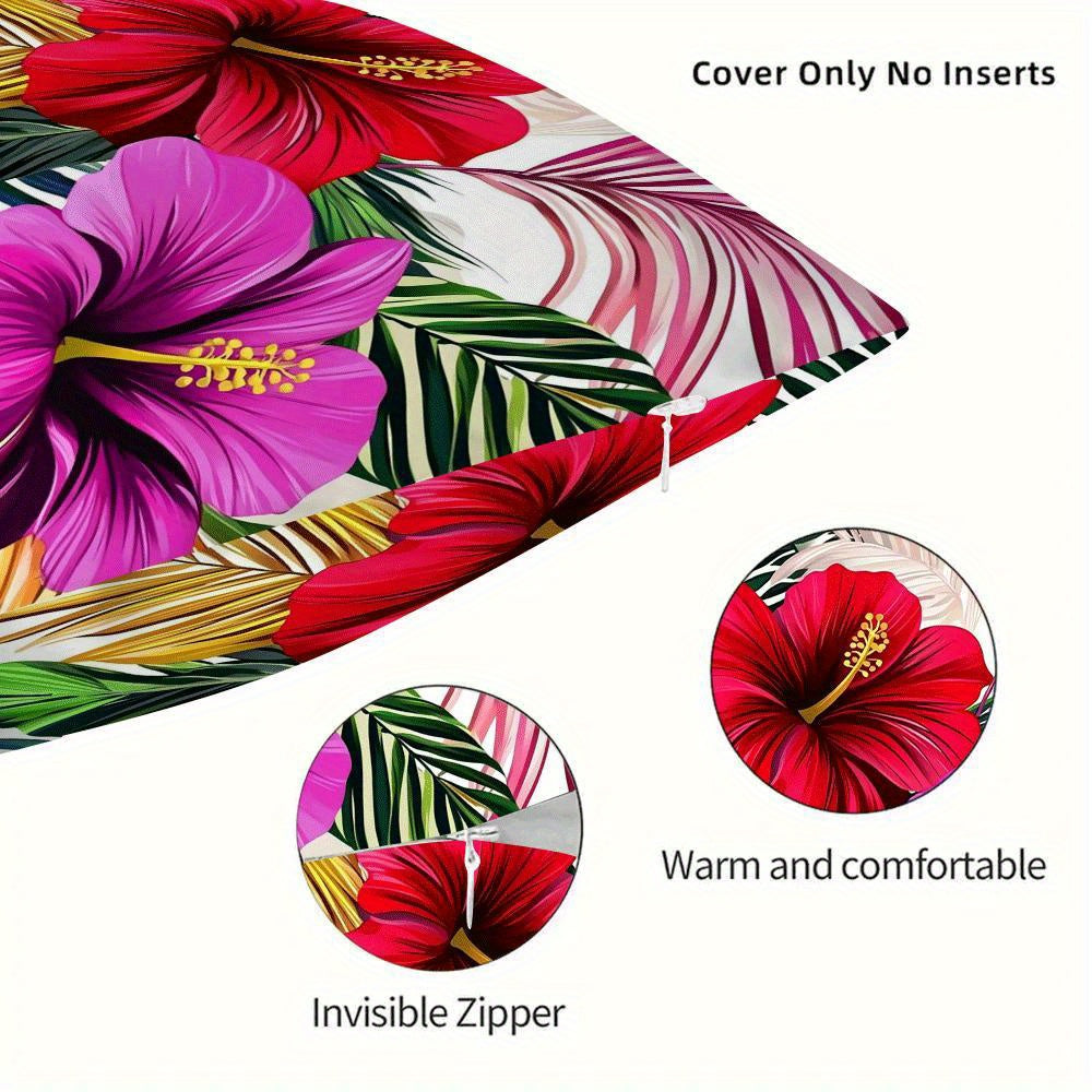 1 piece of chic hibiscus and palm print pillowcase, measuring 45.01cm, made of polyester with a zippered closure. This cushion cover is machine washable and features an all-season floral theme, perfect for adding a touch of style to your sofa or bedroom