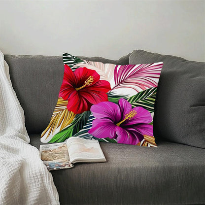 1 piece of chic hibiscus and palm print pillowcase, measuring 45.01cm, made of polyester with a zippered closure. This cushion cover is machine washable and features an all-season floral theme, perfect for adding a touch of style to your sofa or bedroom