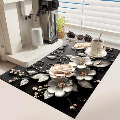 1 piece of 3D floral pattern absorbent mat made of soft silica gel with a non-slip quick-dry pad for kitchen countertop. Ideal dish drying mat for coffee machine, featuring a polyester cover. A must-have for your home kitchen!