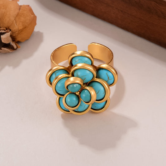 Unique Vintage Boho Style Ring with Turquoise Inlay and 18K Gold Plating - Perfect for Daily Wear and Gifting, Suitable for All Seasons - Women's Ring with One-of-a-Kind Design