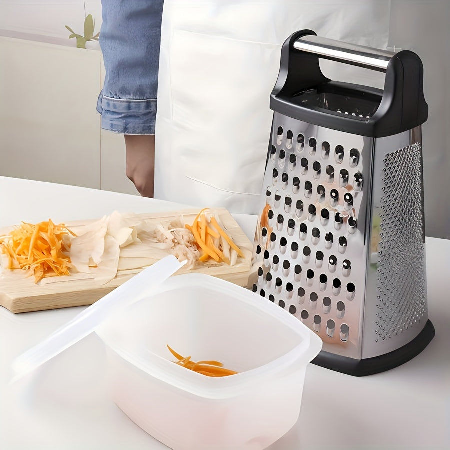 1 piece of a versatile stainless steel box grater for vegetables, cheese, ginger, garlic, and potatoes. Features a serrated shredder and slicer for various kitchen uses. A must-have kitchen tool for all your cooking needs. Perfect addition to your