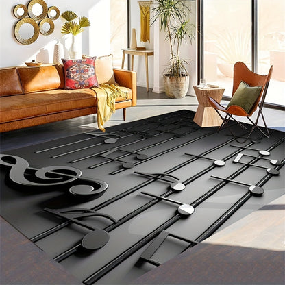 1 piece 3D musical note design rug that is non-slip, lightweight, and machine washable. Made of polyester, this carpet is perfect for music studios, living rooms, bedrooms, and entrances. It has a low pile and is machine-made, making it a stylish and