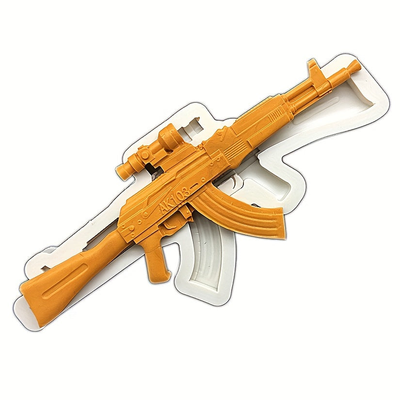 1 piece Gun Bullet Chocolate Mold, 3D Silicone Mold in the shape of a Pistol AK Rifle, ideal for making candy, fondant, and other treats. A must-have for baking enthusiasts, this tool is perfect for creating unique and fun kitchen creations.