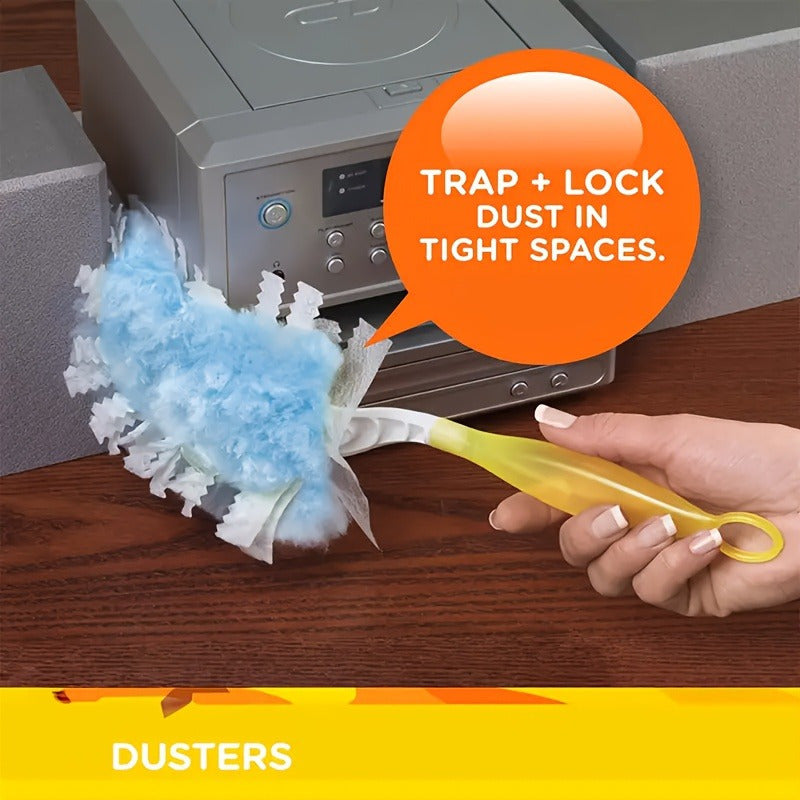 Yellow handle duster with disposable electrostatic dust collectors, perfect for various areas in your home. Doesn't require batteries and can efficiently remove dust from electronics, furniture, curtains, and ceiling fans. A must-have cleaning tool for