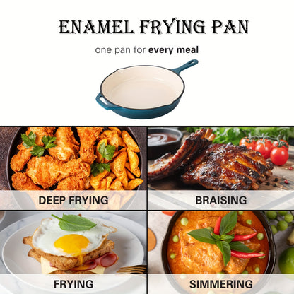 1 piece of cast iron fry pan with a pour spout, round in shape. This versatile fry pan is perfect for cooking on the stove or in the oven. With its enamel coating and heat-safe properties up to 400 degrees, this fry pan heats evenly and is a essential