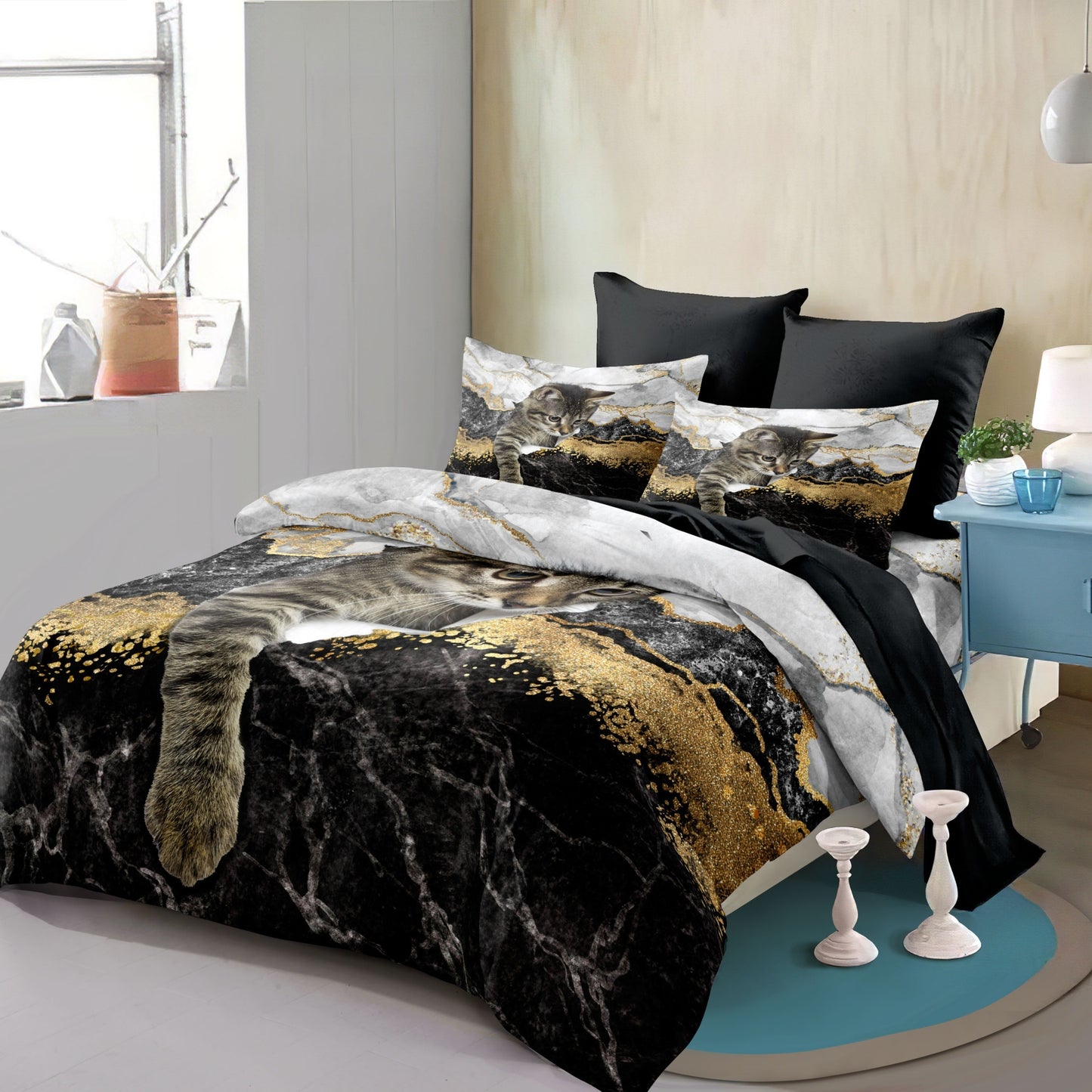 1 Cat & Marble Duvet Cover Set with Pet Cat Pattern Bedding Set featuring a Cute Kitten Printed Comforter Cover. Ideal for Boys, Girls, and Teens with an adorable 3D Animal Theme. The perfect Cat Lover's Gift includes 1 Duvet Cover and 1 or 2 Pillow