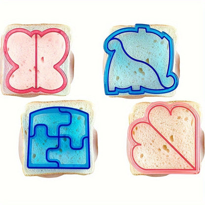 Set of 4 Cartoon Sandwich Cutters and Sealers - Safe Food-Grade Plastic Molds for Kids' Lunches and Snacks