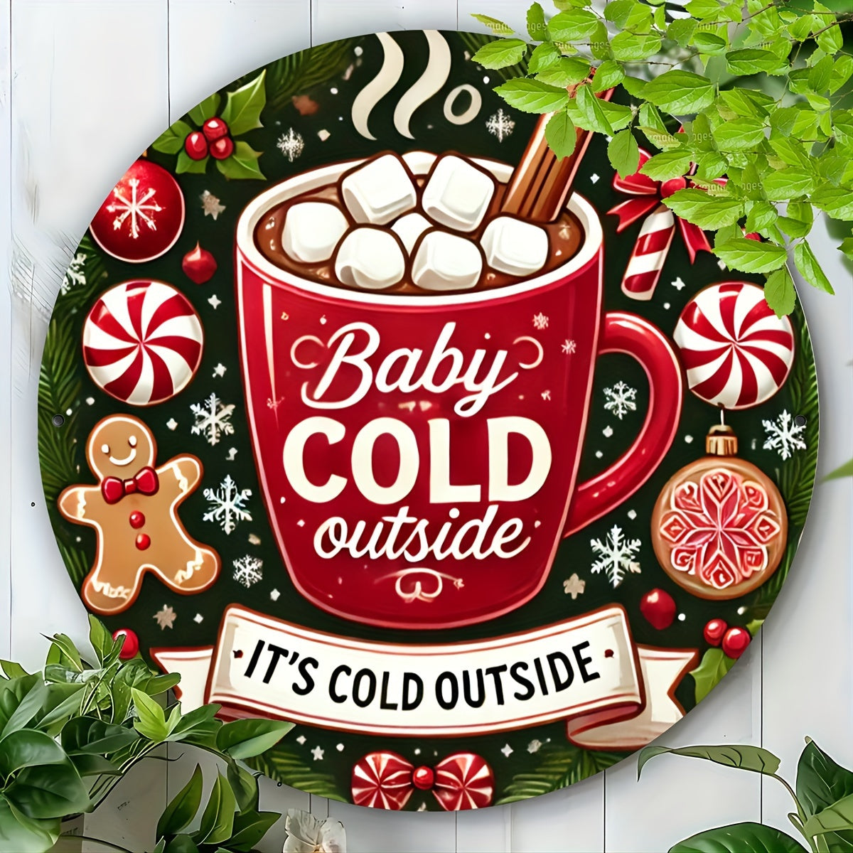 1 piece of 8x8 inch (20x20cm) round tin sign featuring a charming gingerbread baby design with the phrase "Baby It's Cold Outside." This metal sign is perfect for adding a festive touch to your home, cafe, or bar decor. It also makes a unique and