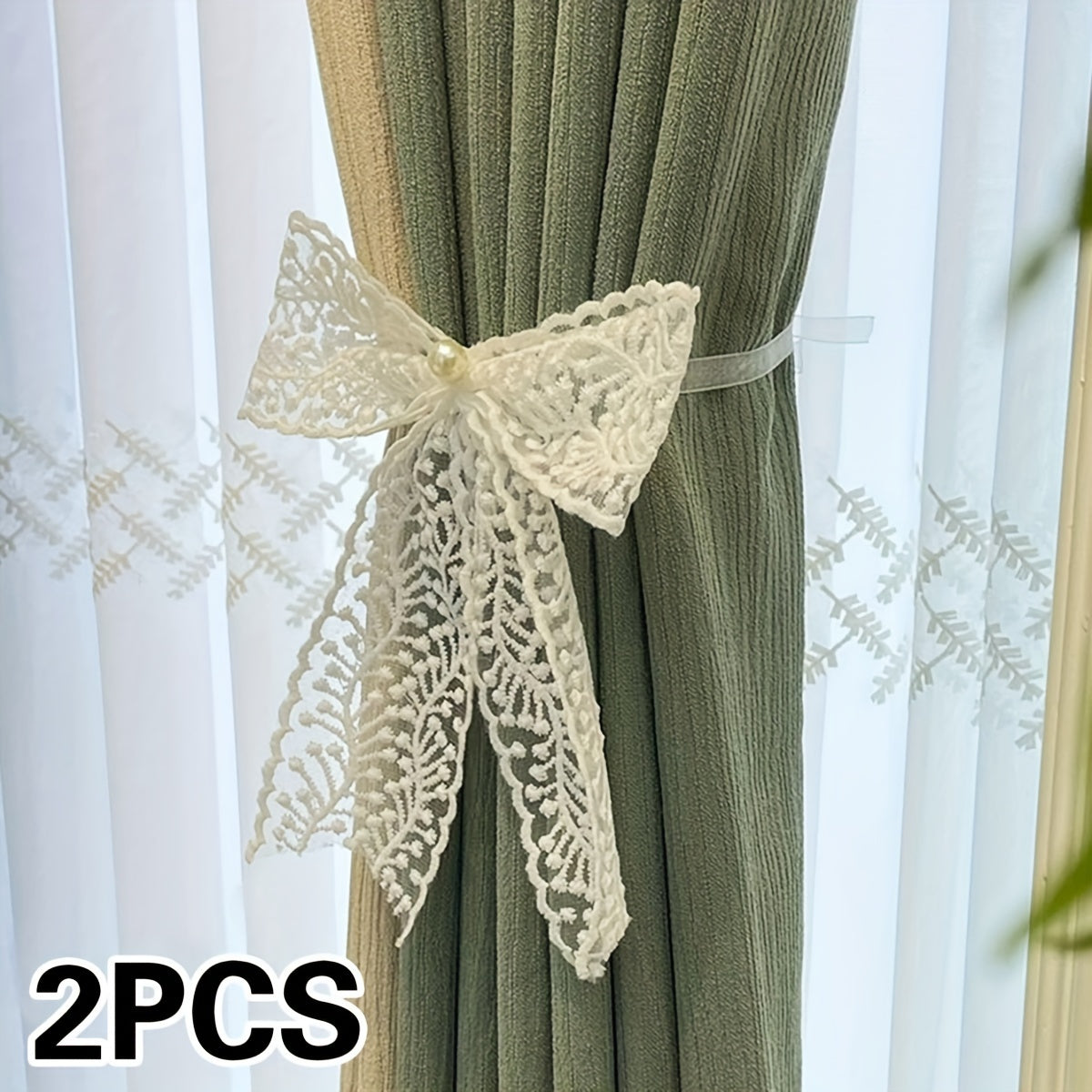 1 Pair of Bow Lace Pearl Curtain Tiebacks - A chic and versatile way to add a touch of elegance to your curtains. These French lace pearl ribbon tiebacks are perfect for use in the bedroom, living room, study, coffee shop, or any other room in your home