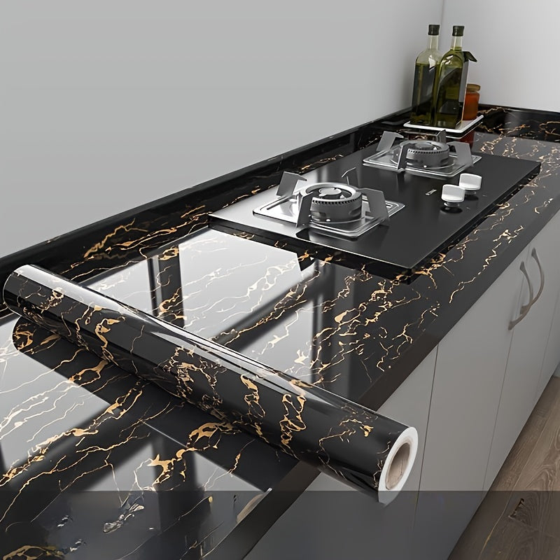 [Highly Rated] Transform your space with a roll of stylish black marble self-adhesive waterproof wallpaper. This trendy furniture renovation solution is perfect for decorating your room or kitchen. It is high temperature and oil resistant, making it