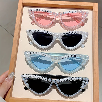 1 piece of 'Birthday Queen' Cat Eye Shaped Glasses featuring a fashionable solid color plastic frame adorned with artificial pearls. These glasses come with interchangeable lenses, making them perfect for climbing sports and birthday parties. With their