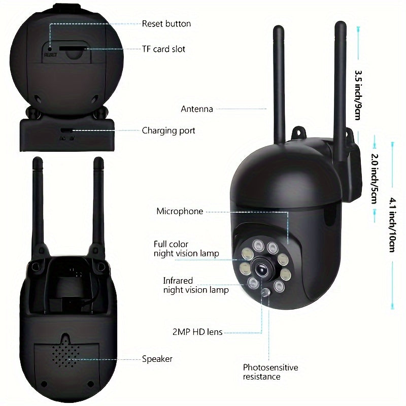 - Rangli tungi ko'rish, simsiz HD ichki/tashqi kamera, ikki tomonlama audio, simsiz xavfsizlik kamerasi, panorama/eğish/kattalashtirish WiFi smart uy xavfsizlik kamerasi, harakatni kuzatish xususiyatiga ega bir qismli kamera