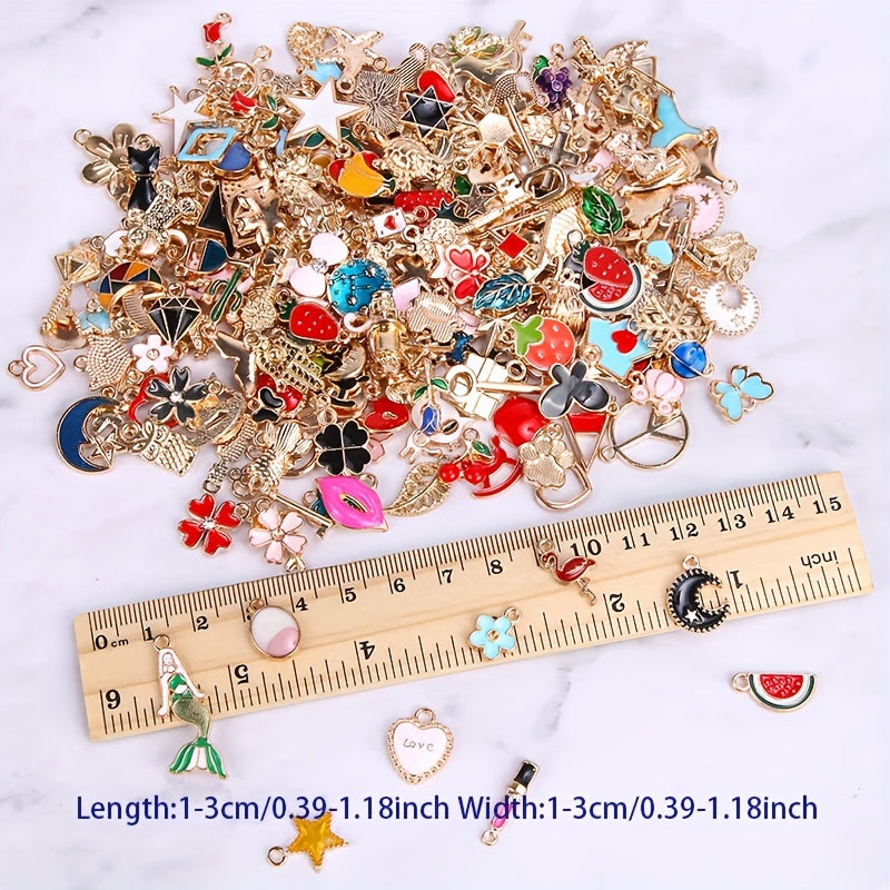 [Top Pick] 50 Vibrant Enamel Charm Collection - Variety of Gold-Plated Zinc Alloy Pendants for Creating DIY Necklaces, Bracelets & Earrings - Includes Flowers, Hearts, Animals & More, Perfect for Jewelry Making