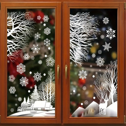 1 pack containing 2 static electric Christmas window grille stickers featuring a winter forest snow hut and snowflakes design. Made of plastic, these stickers are perfect for decorating during the Christmas and New Year holidays, adding a festive touch