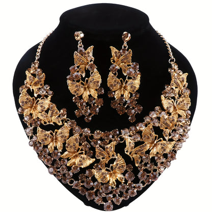 Vintage luxury butterfly jewelry set featuring a synthetic rhinestone necklace and earrings, crafted from alloy. Inspired by December birthstone and animal theme, perfect for weddings, parties, or as a Valentine's Day gift. Embrace retro and luxury style