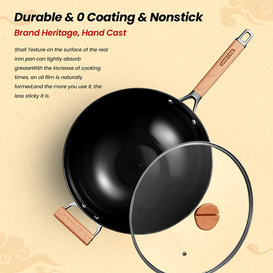 1 piece of a versatile cooking pan set including a cast iron omelette pan, uncoated iron cooking pan, Chinese wok, traditional Japanese pan, and black carbon steel pan. Suitable for use on electric, induction, and gas stoves.