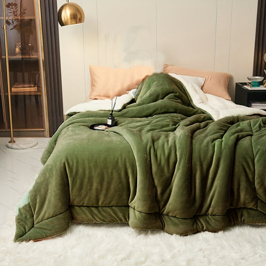 1 piece of a double layer thick lamb fleece blanket in a solid color minimalist military green design. This compound milk fleece blanket is perfect for casual use, whether for throwing over furniture or using during lunch breaks.