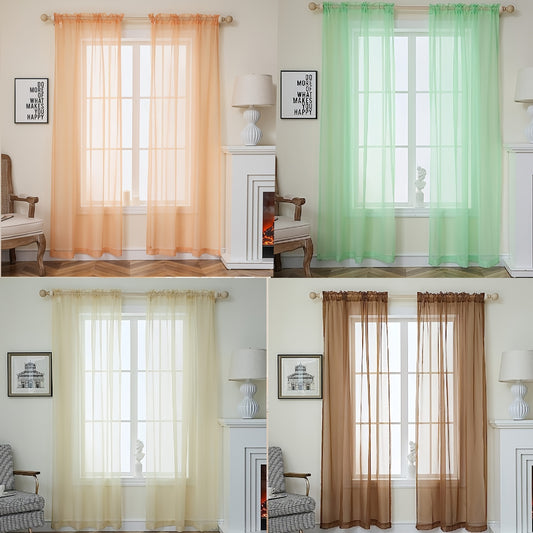 Two panels of sheer curtains with a basic rod pocket design, perfect for adding a touch of elegance to your bedroom, office, living room, yard, kitchen, or any other space in your home.