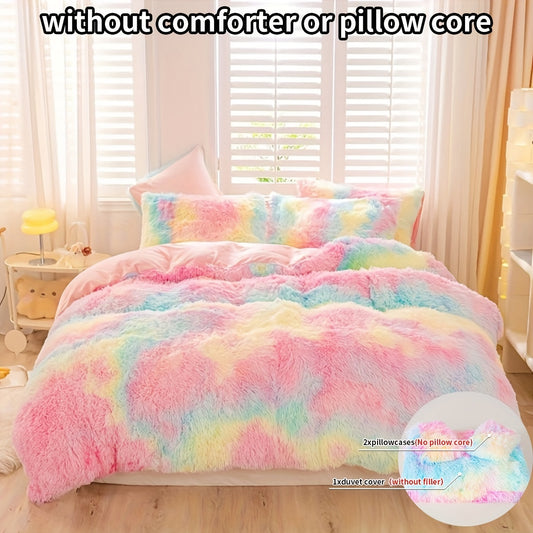 Y2K Tie Dye Plush Duvet Cover Set includes 3 pieces (1 Duvet Cover + 2 Pillowcases), providing soft and warm bedding.