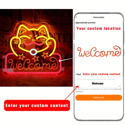 [Custom] Personalized Welcome Cat Neon Sign Light with Transparent Base and USB Interface - Perfect for Room Decoration, Parties, Birthdays, and Holiday Gifts